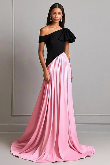 Svart og rosa Crepe A Line One Shoulder gallakjole